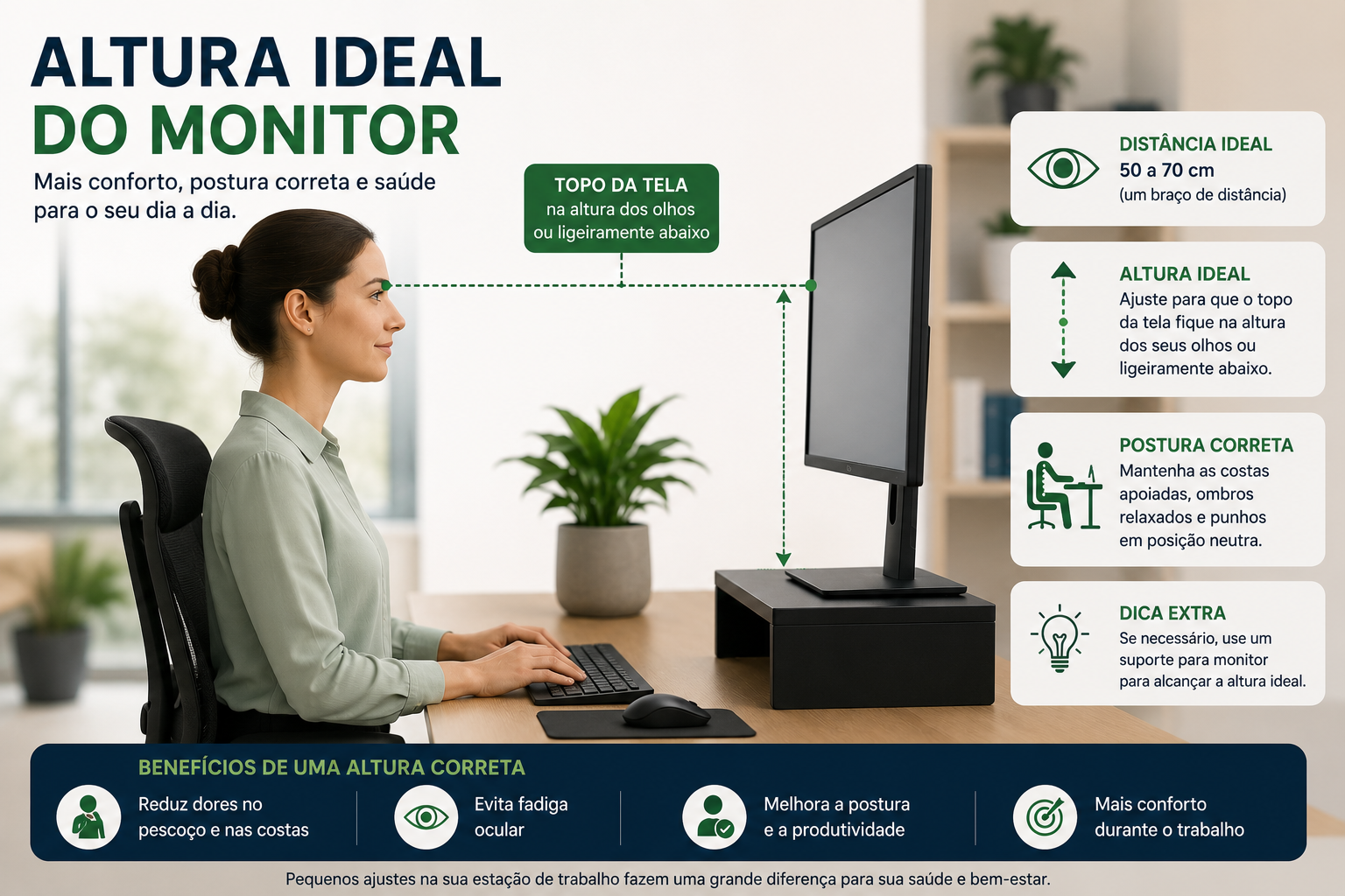 Infográfico mostrando a altura ideal do monitor na linha dos olhos e distância de um braço, com mulher sentada em postura correta