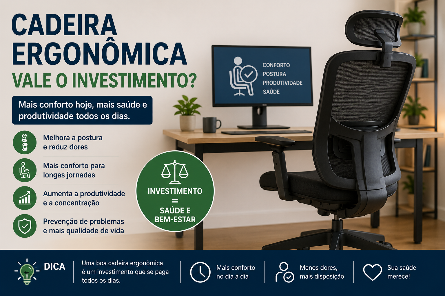 Cadeira ergonômica preta em home office, com texto Cadeira Ergonômica Vale o Investimento e ícones de postura, conforto e saúde