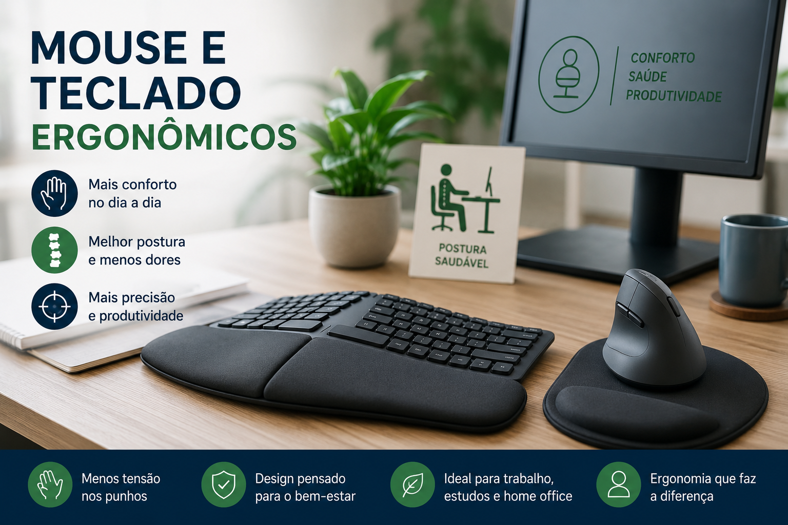 Mouse vertical e teclado ergonômico dividido sobre mesa de home office, com ícones de conforto, postura e produtividade