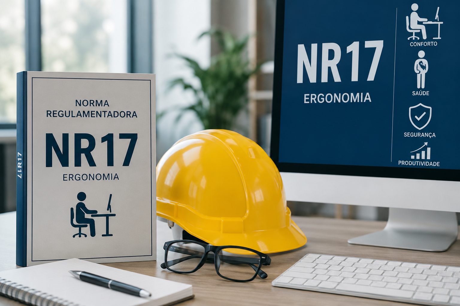 Norma Regulamentadora NR17 de Ergonomia com capacete, óculos e computador em ambiente de escritório