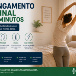 Infográfico Alongamento Matinal de 5 Minutos, mulher se alongando ao lado da cama pela manhã, ícones de corpo todo, pescoço, coluna e mais energia