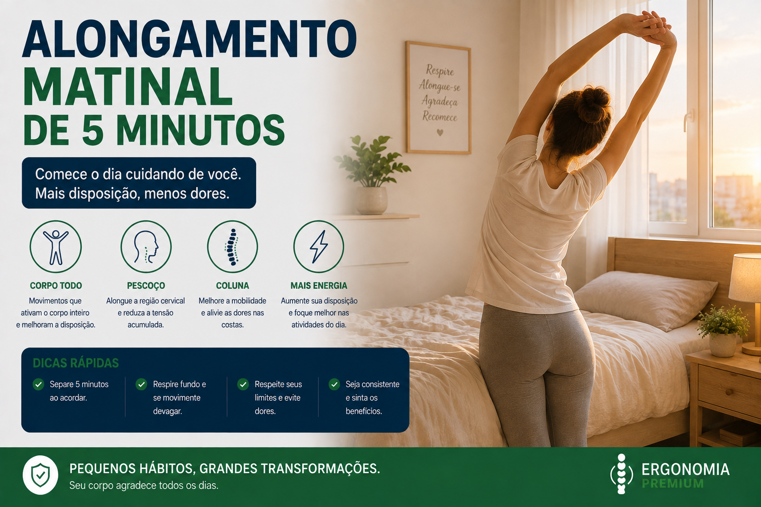Infográfico Alongamento Matinal de 5 Minutos, mulher se alongando ao lado da cama pela manhã, ícones de corpo todo, pescoço, coluna e mais energia