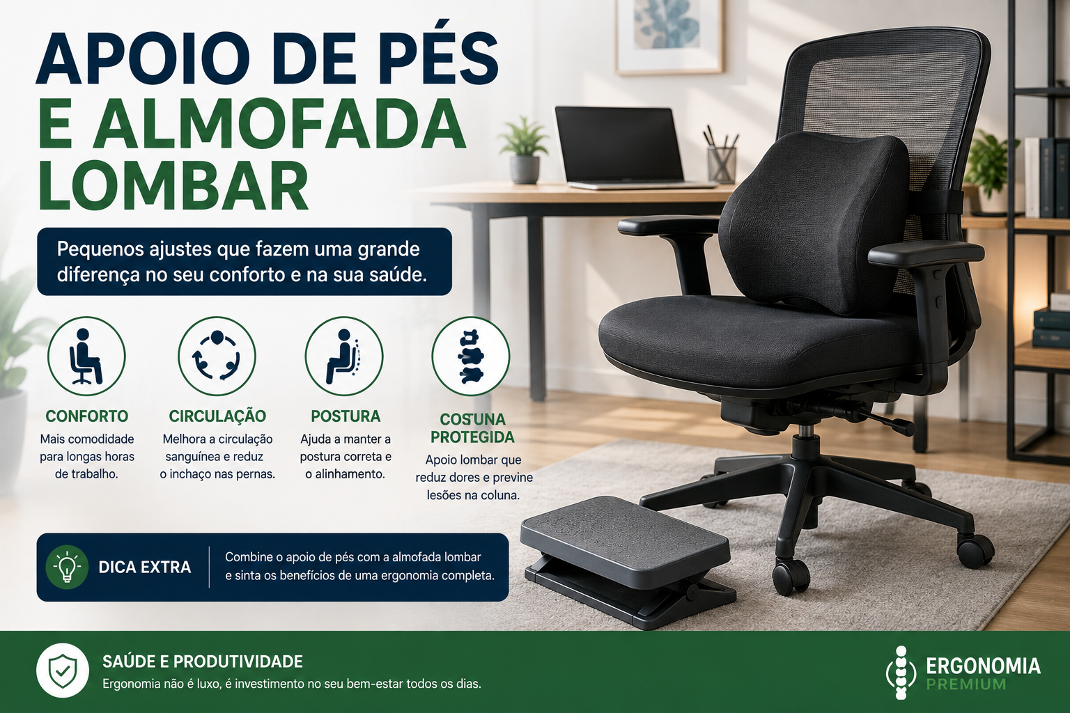 Infográfico Apoio de Pés e Almofada Lombar, cadeira ergonômica preta com apoio de pés em home office