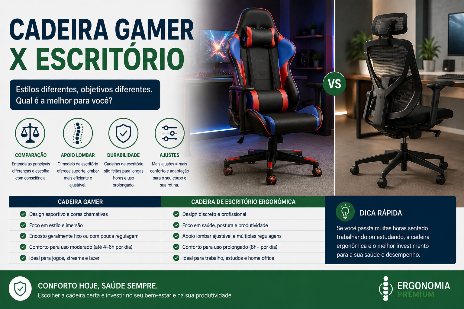 Infográfico Cadeira Gamer x Escritório, comparação lado a lado entre cadeira gamer colorida e cadeira ergonômica de escritório preta