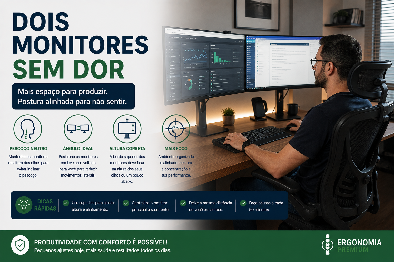 Infográfico Dois Monitores Sem Dor, homem trabalhando com dois monitores bem posicionados em home office, ícones de pescoço neutro, ângulo ideal, altura correta e foco