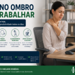 Infográfico Dor no Ombro ao Trabalhar, mulher massageando o ombro com dor em frente ao computador, ícones de ombro alinhado, tensão muscular, alongamentos regulares e apoio de braço ajustado