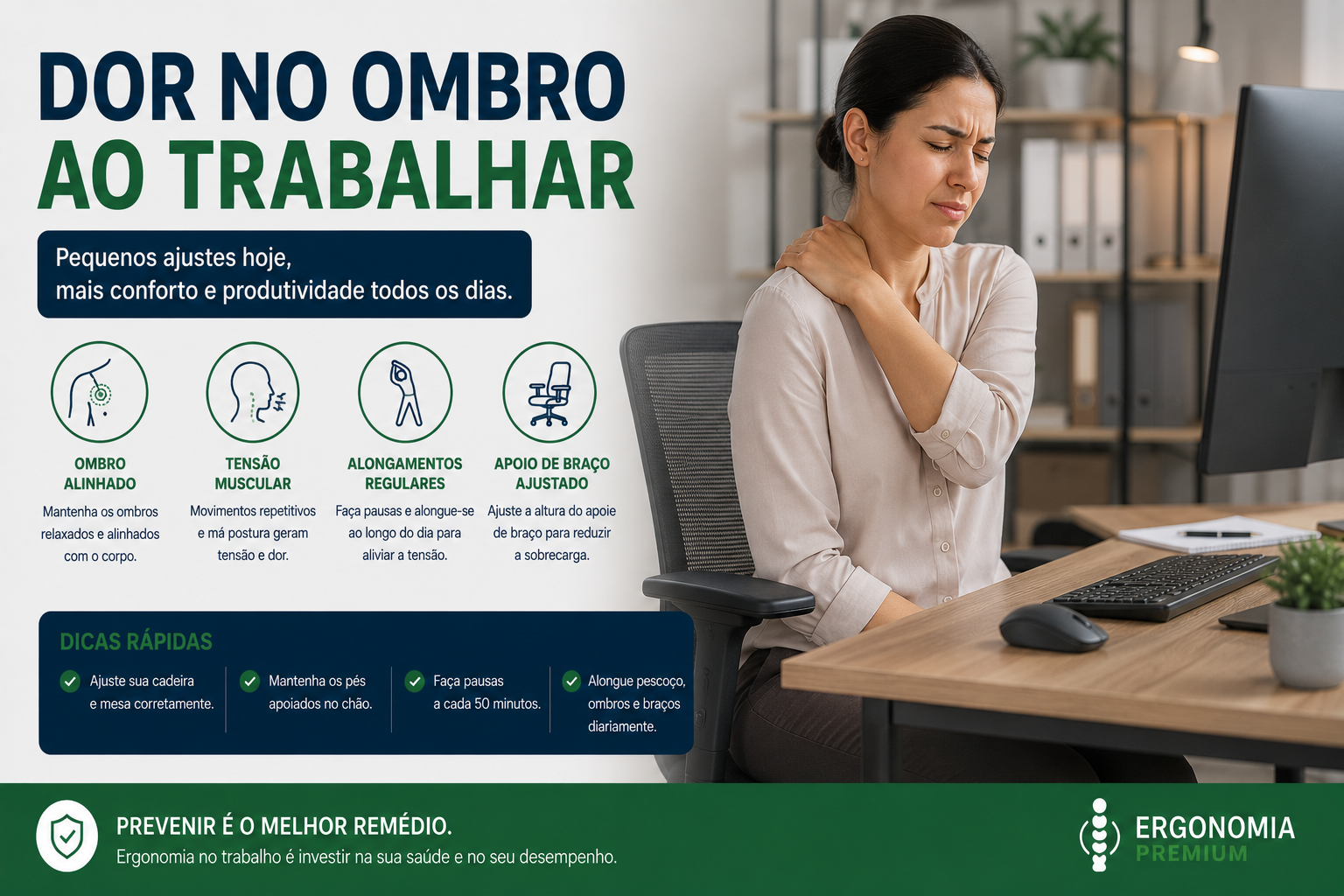 Infográfico Dor no Ombro ao Trabalhar, mulher massageando o ombro com dor em frente ao computador, ícones de ombro alinhado, tensão muscular, alongamentos regulares e apoio de braço ajustado