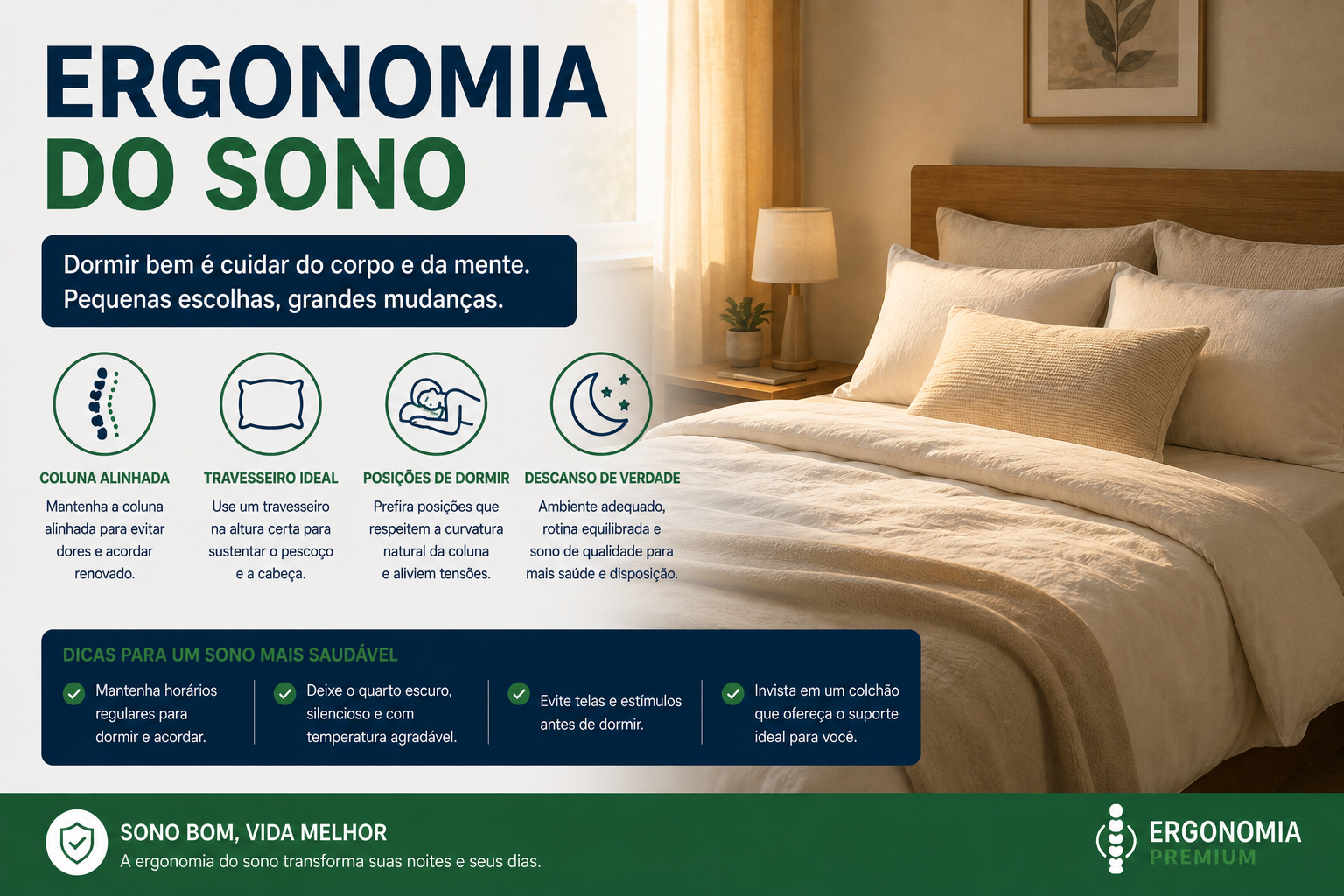 Infográfico Ergonomia do Sono, quarto aconchegante com cama arrumada e travesseiros bem posicionados, ícones de coluna alinhada, travesseiro ideal, posições de dormir e descanso