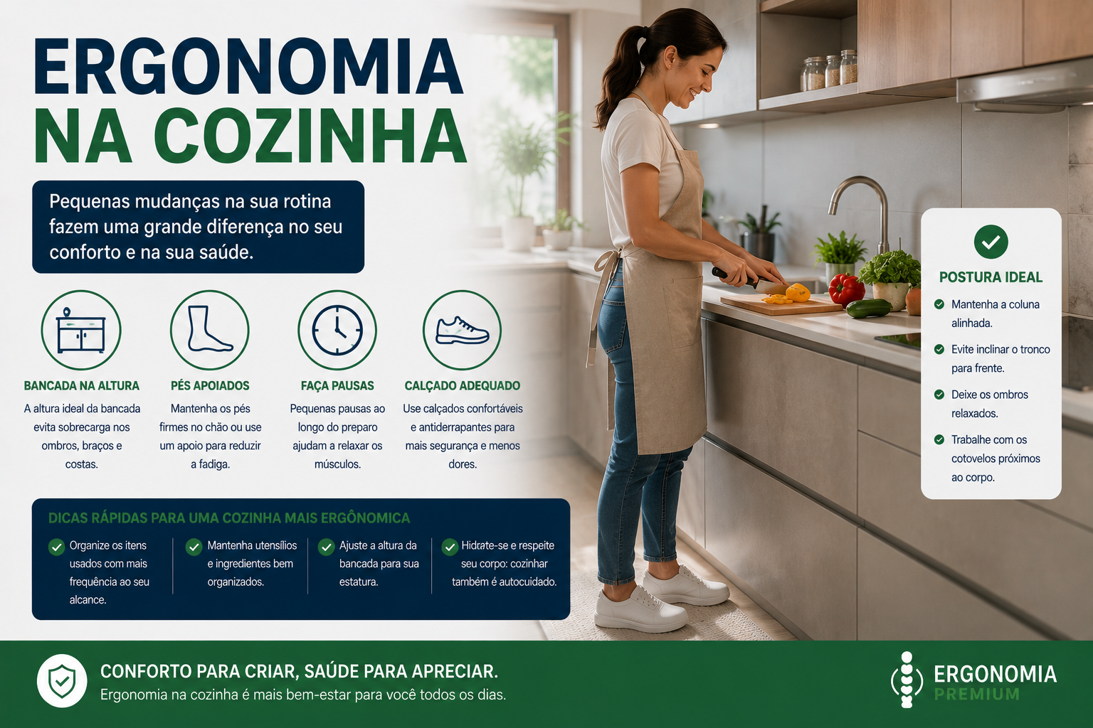 Infográfico Ergonomia na Cozinha, mulher cozinhando com boa postura em bancada moderna, ícones de bancada na altura, pés apoiados, pausas e calçado adequado