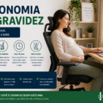 Infográfico Ergonomia na Gravidez, mulher grávida trabalhando confortavelmente em cadeira ergonômica com apoio lombar, ícones de coluna alinhada, apoio lombar, pausas e circulação