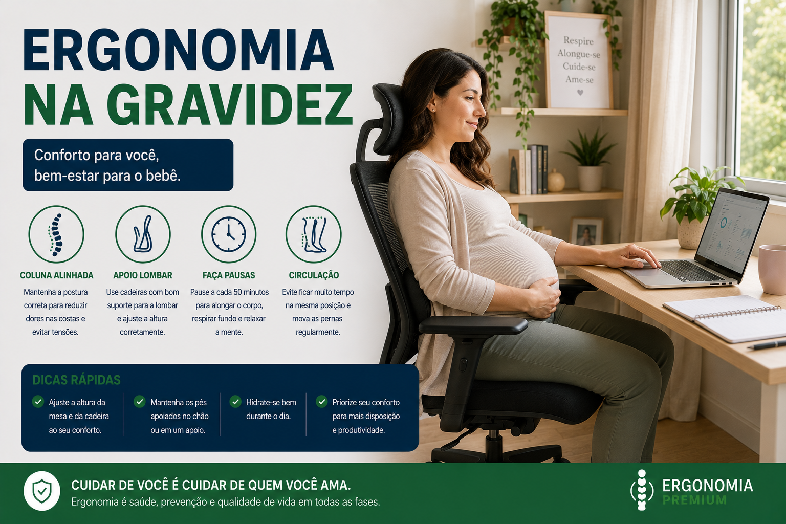 Infográfico Ergonomia na Gravidez, mulher grávida trabalhando confortavelmente em cadeira ergonômica com apoio lombar, ícones de coluna alinhada, apoio lombar, pausas e circulação