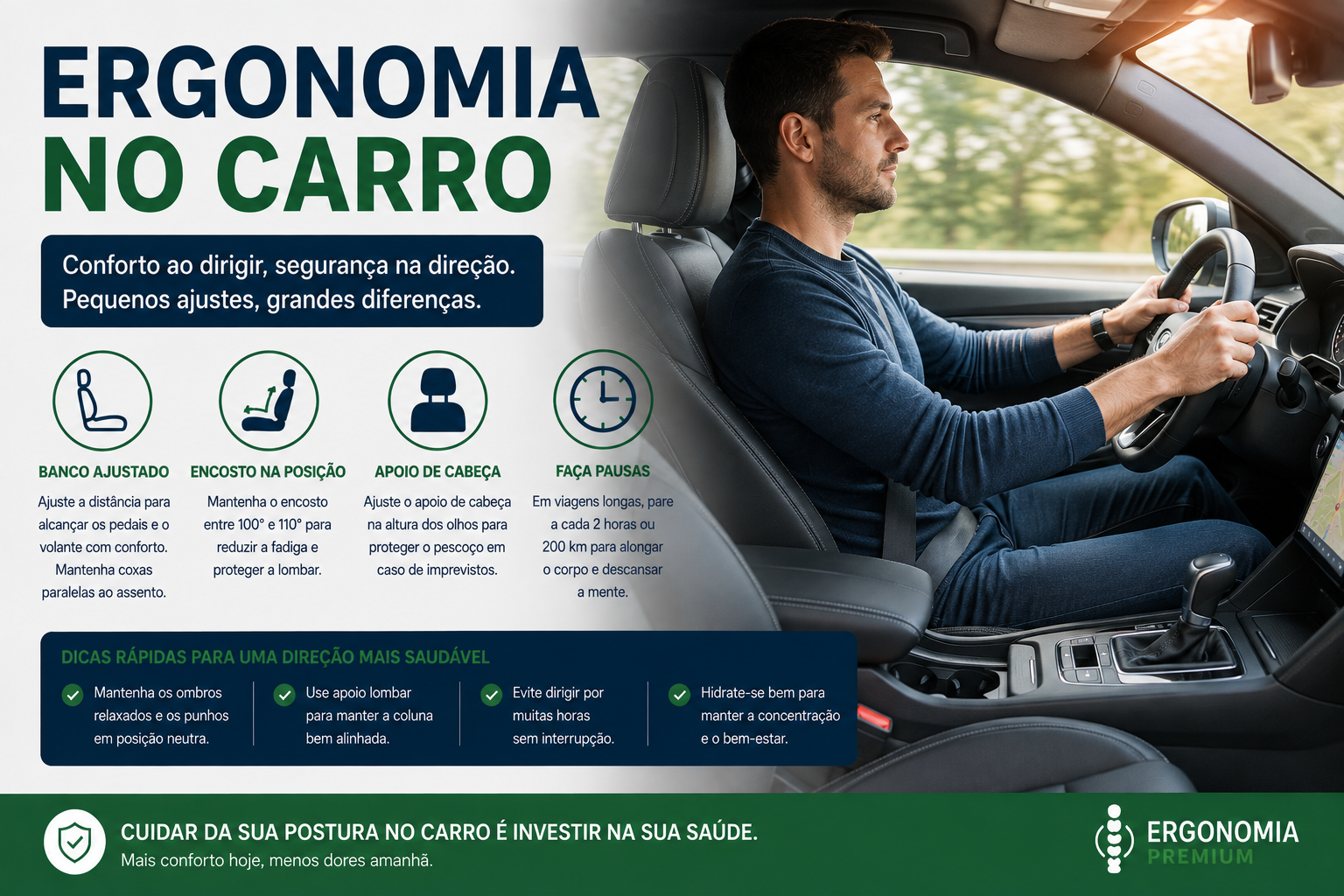 Infográfico Ergonomia no Carro, homem dirigindo com boa postura, ícones de banco ajustado, encosto na posição, apoio de cabeça e pausas