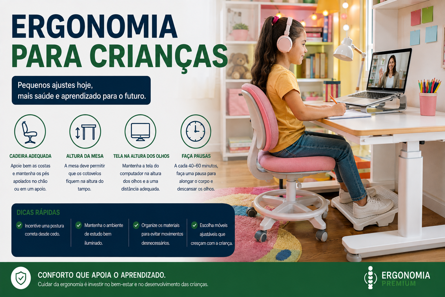 Infográfico Ergonomia para Crianças, criança em mesa de estudos adequada durante aula online, ícones de cadeira adequada, altura da mesa, tela na altura dos olhos e pausas