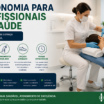 Infográfico Ergonomia para Profissionais de Saúde, fisioterapeuta atendendo paciente com boa postura em clínica moderna, ícones de postura alinhada, alongamentos regulares, calçado adequado e pausas estratégicas