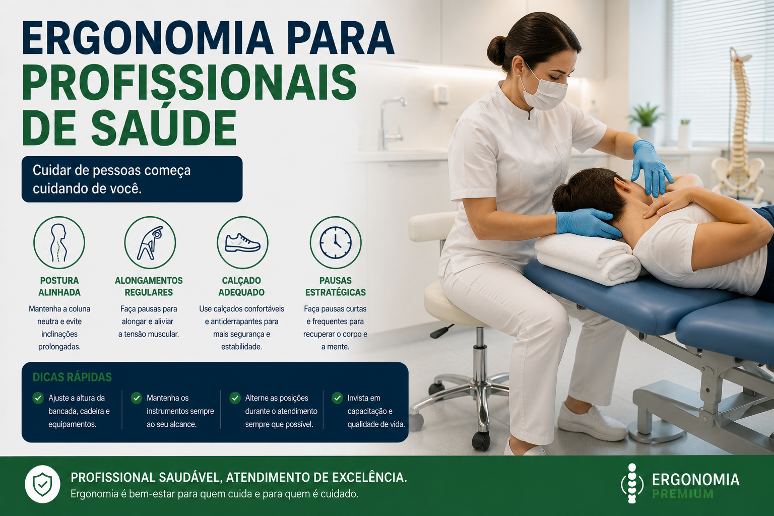 Infográfico Ergonomia para Profissionais de Saúde, fisioterapeuta atendendo paciente com boa postura em clínica moderna, ícones de postura alinhada, alongamentos regulares, calçado adequado e pausas estratégicas