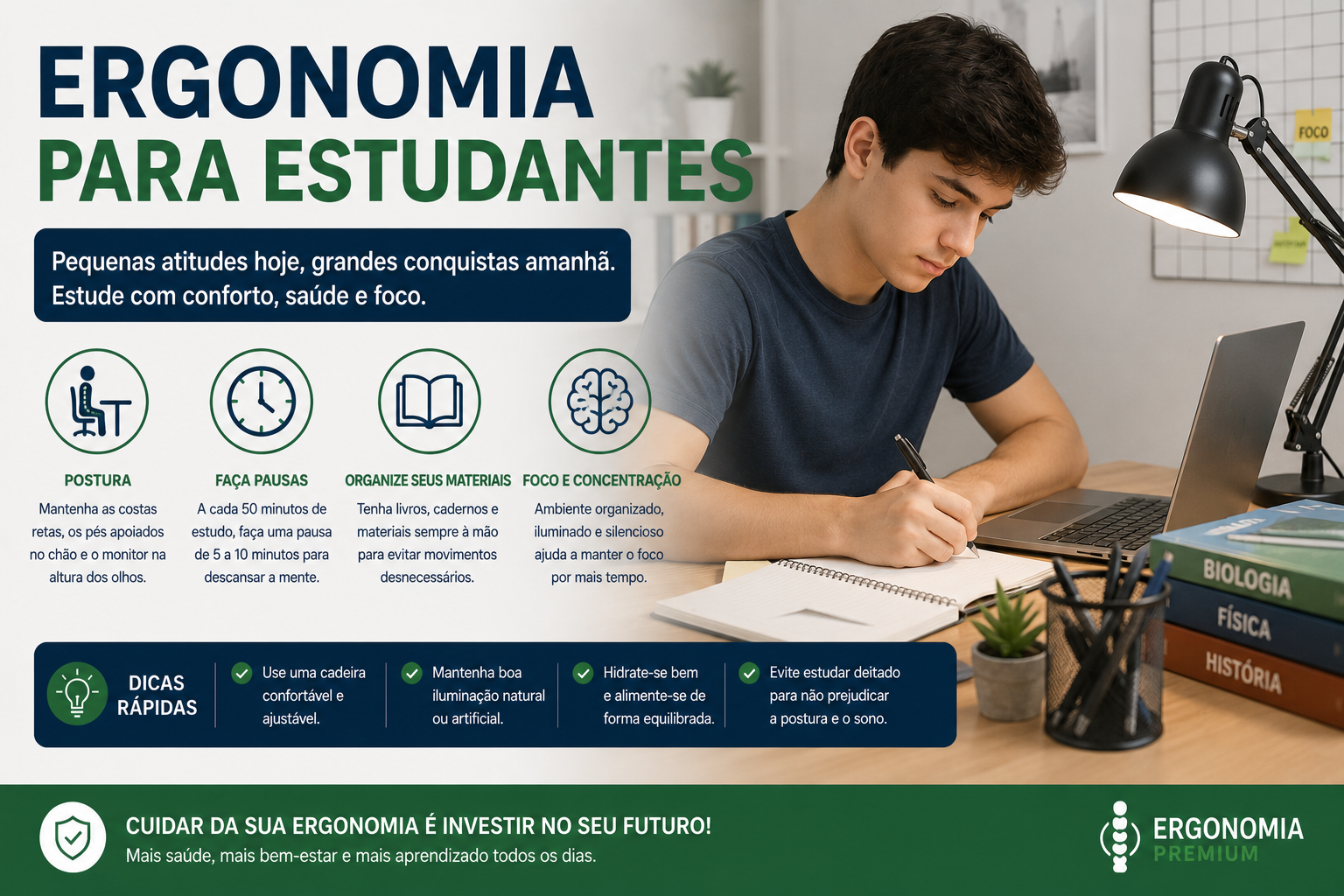 Infográfico Ergonomia para Estudantes, jovem estudando em mesa organizada com livros e notebook, ícones de postura, pausas, materiais e concentração