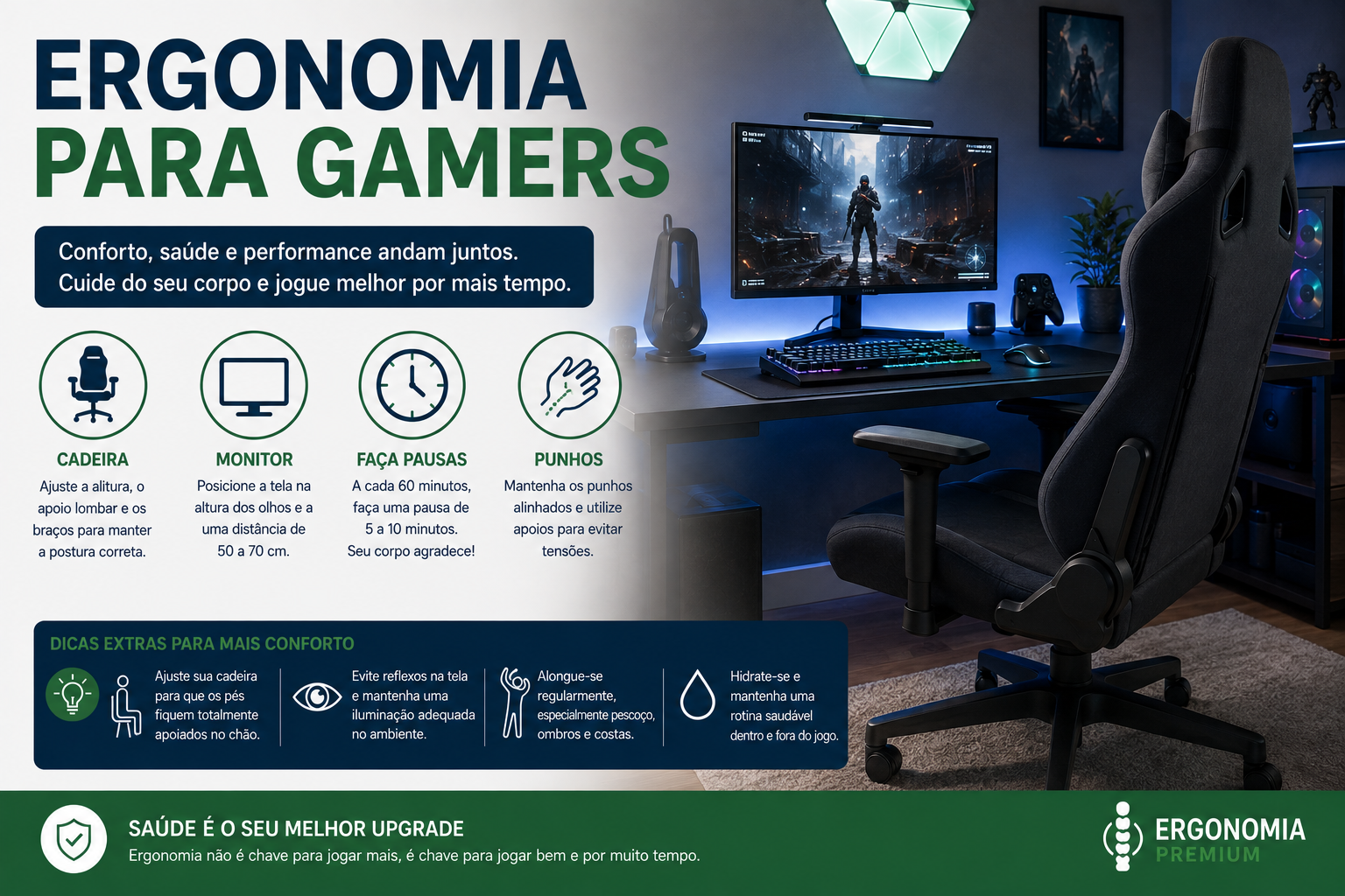 Infográfico Ergonomia para Gamers, setup gamer com cadeira ergonômica e monitor, ícones de cadeira, monitor, pausas e punhos