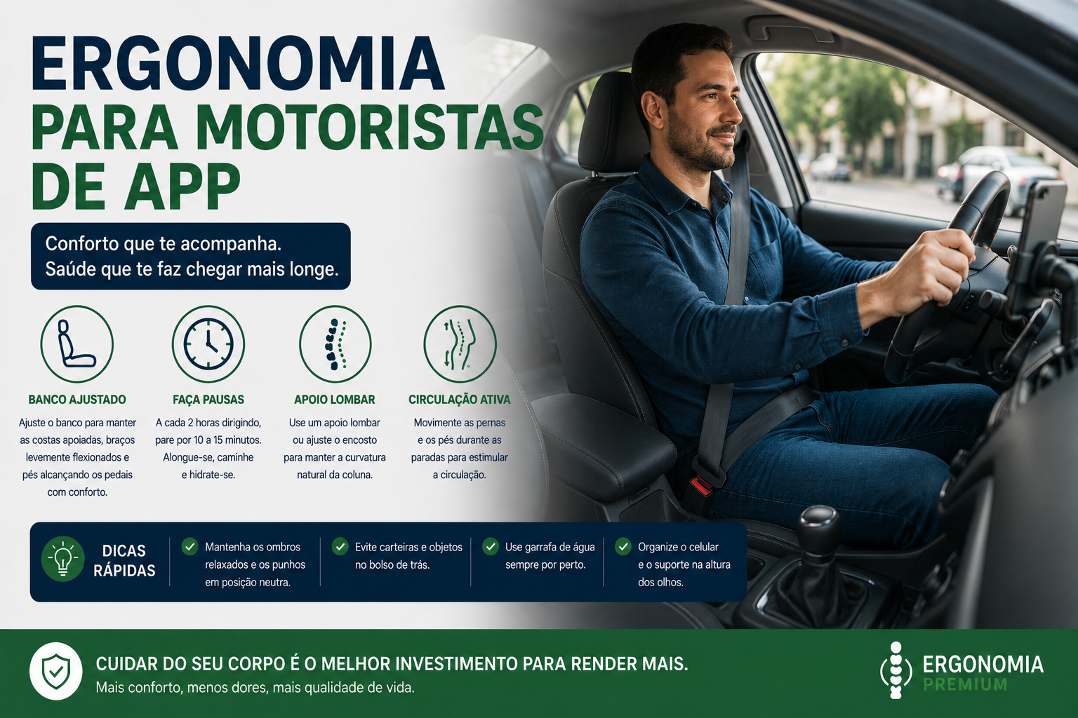 Infográfico Ergonomia para Motoristas de Aplicativo, homem dirigindo com boa postura, ícones de banco ajustado, pausas, apoio lombar e circulação ativa