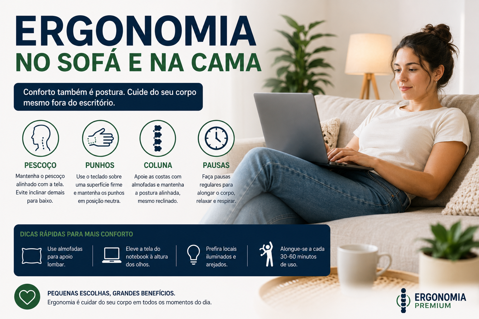 Infográfico Ergonomia no Sofá e na Cama, mulher usando notebook reclinada no sofá, com ícones de pescoço, punhos, coluna e pausas