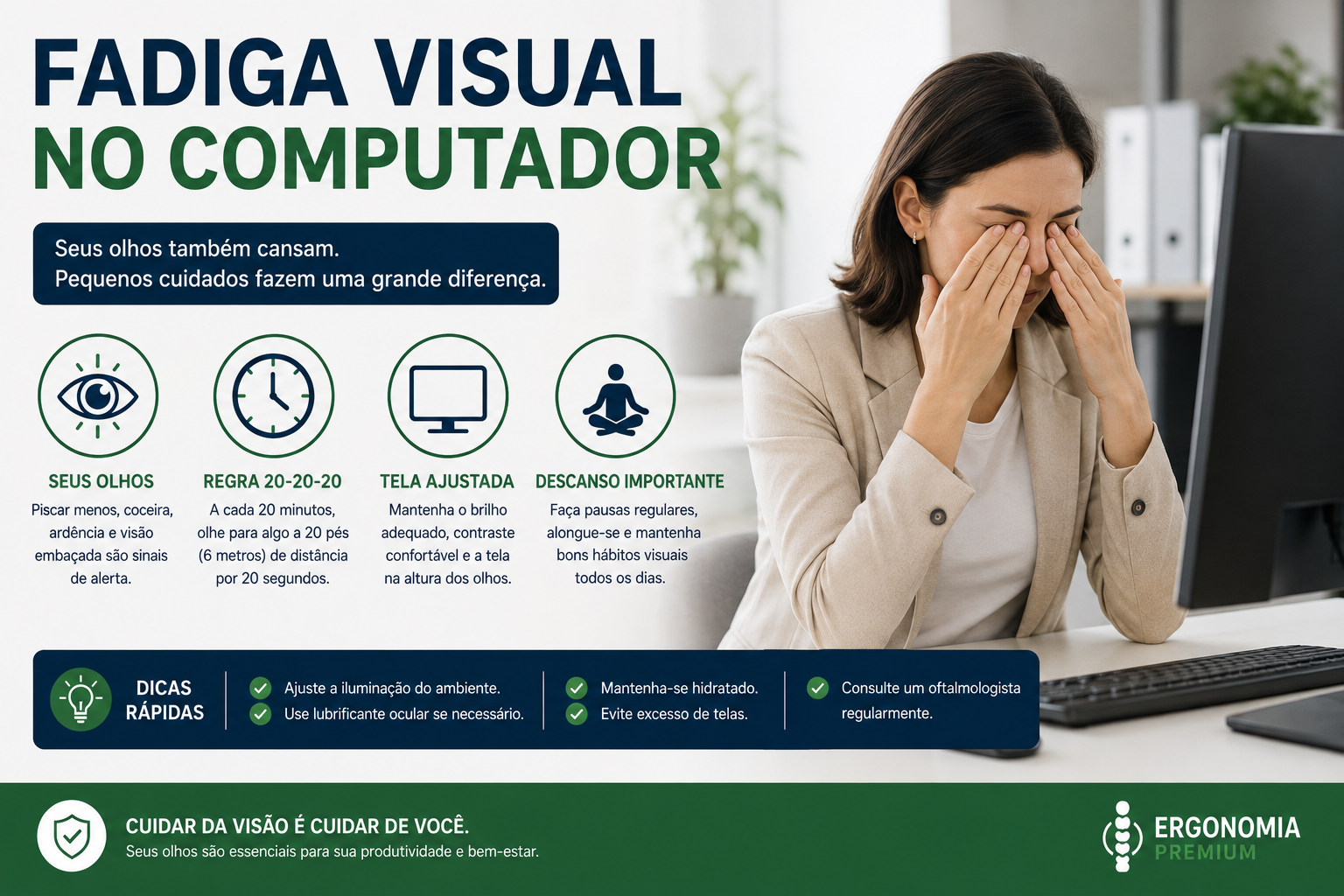 Infográfico Fadiga Visual no Computador, mulher esfregando os olhos cansados em frente ao monitor