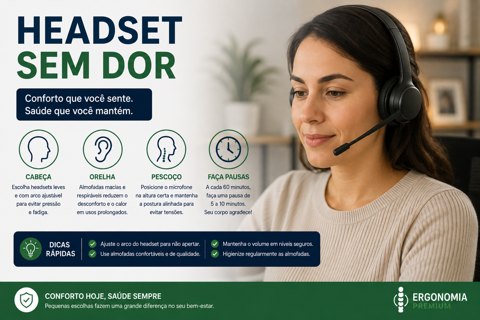 Infográfico Headset Sem Dor, mulher usando fone de ouvido confortável, ícones de cabeça, orelha, pescoço e pausas