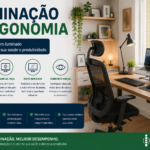 Infográfico Iluminação e Ergonomia, home office bem iluminado com luz natural pela janela, ícones de luz natural, brilho da tela, evite reflexos e conforto visual