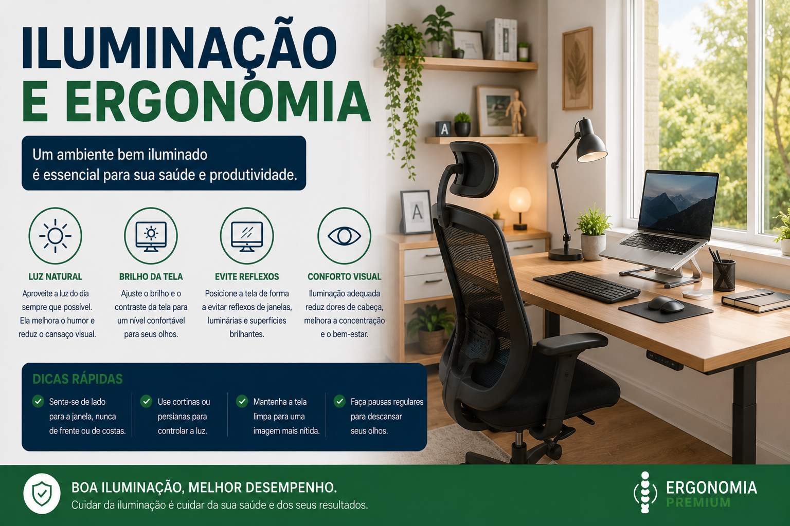 Infográfico Iluminação e Ergonomia, home office bem iluminado com luz natural pela janela, ícones de luz natural, brilho da tela, evite reflexos e conforto visual