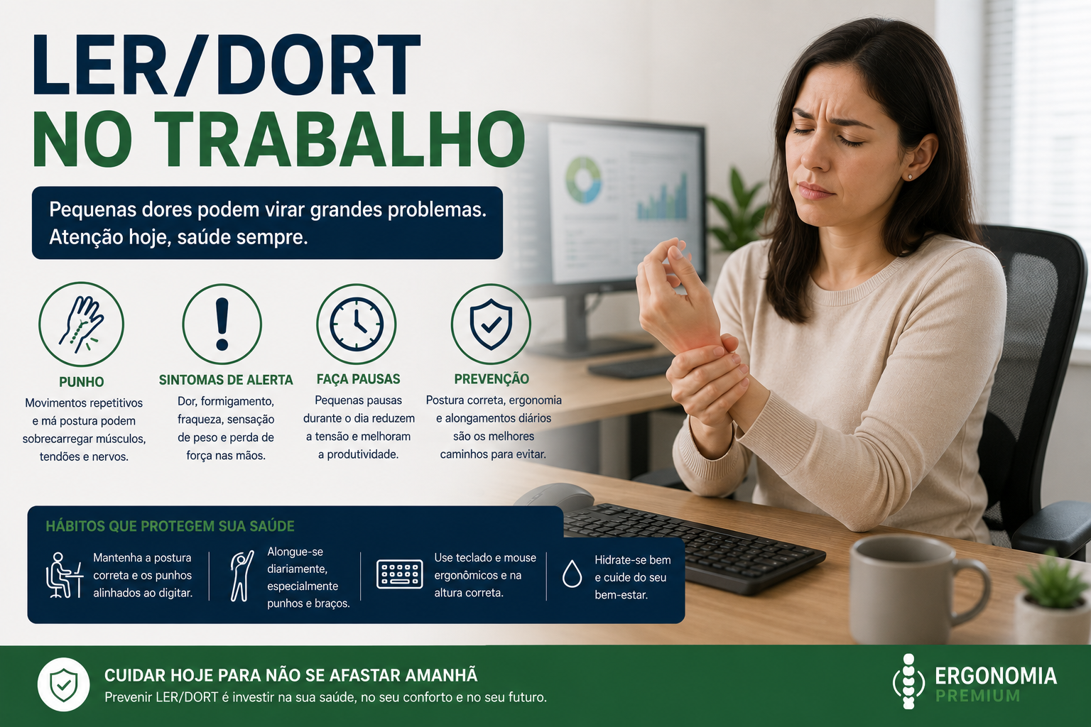 Infográfico LER/DORT no Trabalho, mulher massageando o punho com dor, ícones de sintomas de alerta, pausas e prevenção