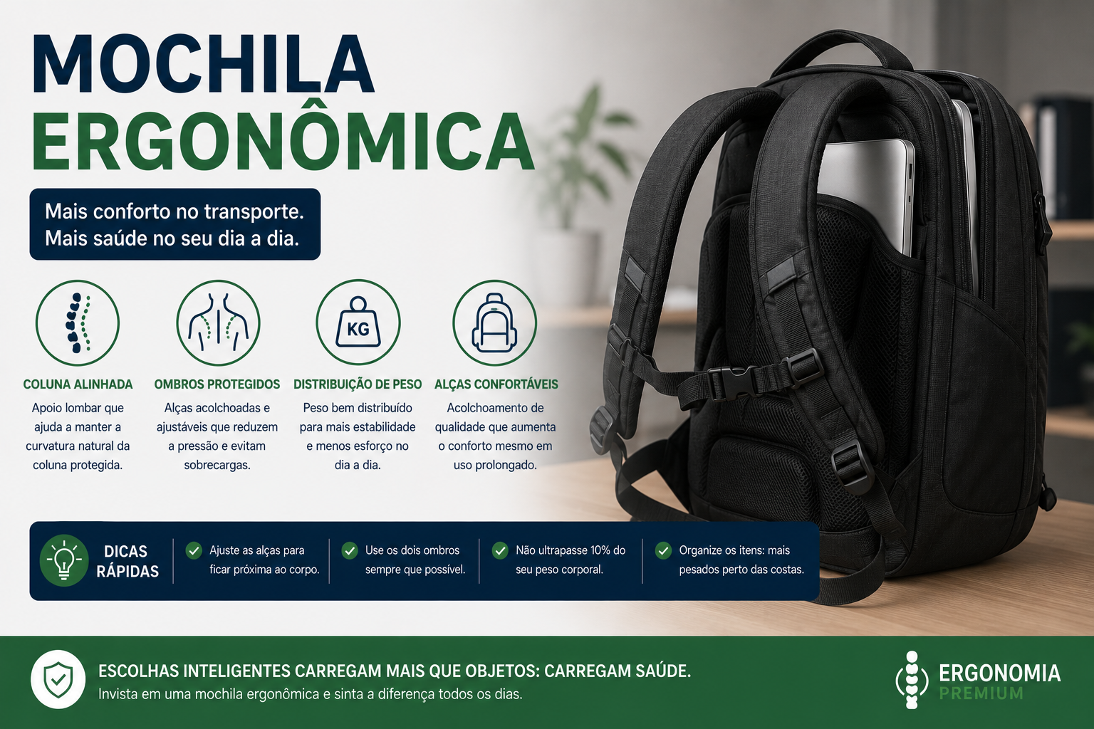 Infográfico Mochila Ergonômica, mochila preta com notebook, ícones de coluna alinhada, ombros protegidos, distribuição de peso e alças confortáveis