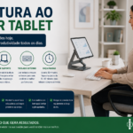 Infográfico Postura ao Usar Tablet, mulher usando tablet em suporte de mesa com teclado externo, ícones de pescoço alinhado, uso de suporte, teclado externo e pausas