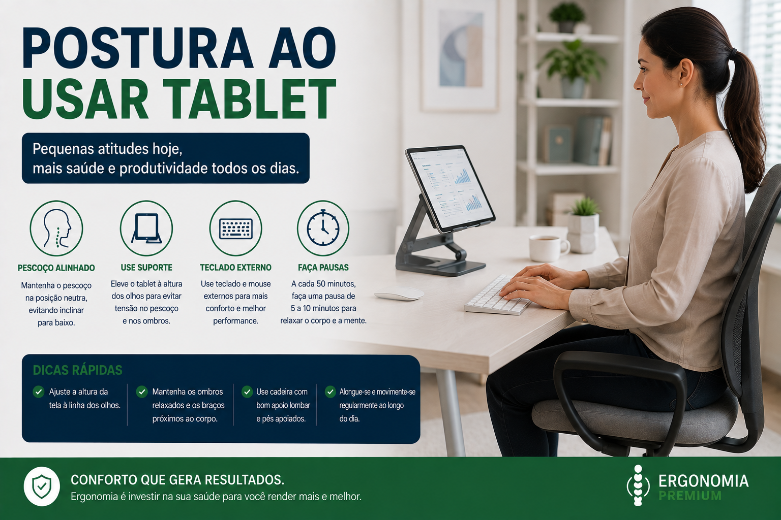 Infográfico Postura ao Usar Tablet, mulher usando tablet em suporte de mesa com teclado externo, ícones de pescoço alinhado, uso de suporte, teclado externo e pausas