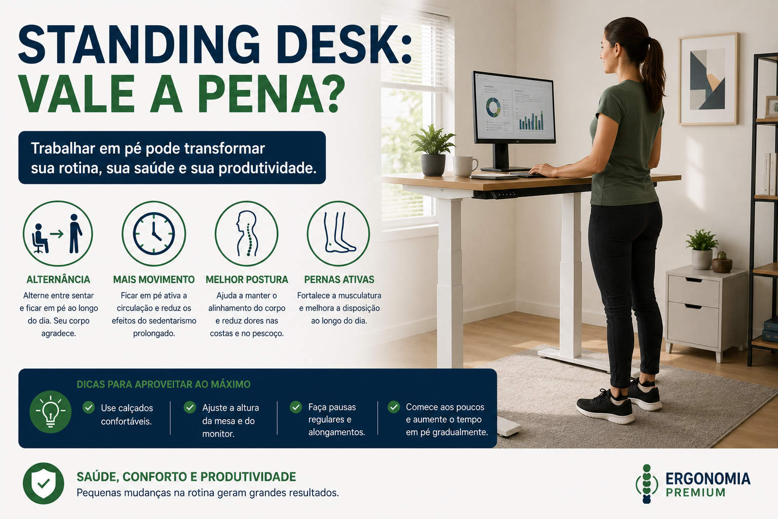 Infográfico Standing Desk Vale a Pena, mulher trabalhando em pé em mesa ajustável com monitor, ícones de alternância, movimento e postura