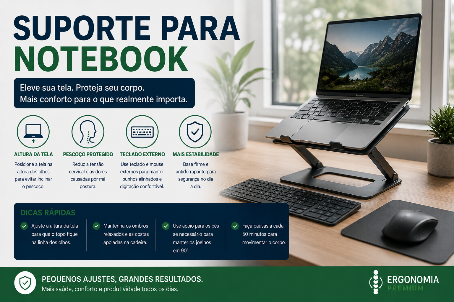 Infográfico Suporte para Notebook, notebook elevado em suporte ergonômico com teclado e mouse externos, ícones de altura da tela, pescoço protegido, teclado externo e estabilidade