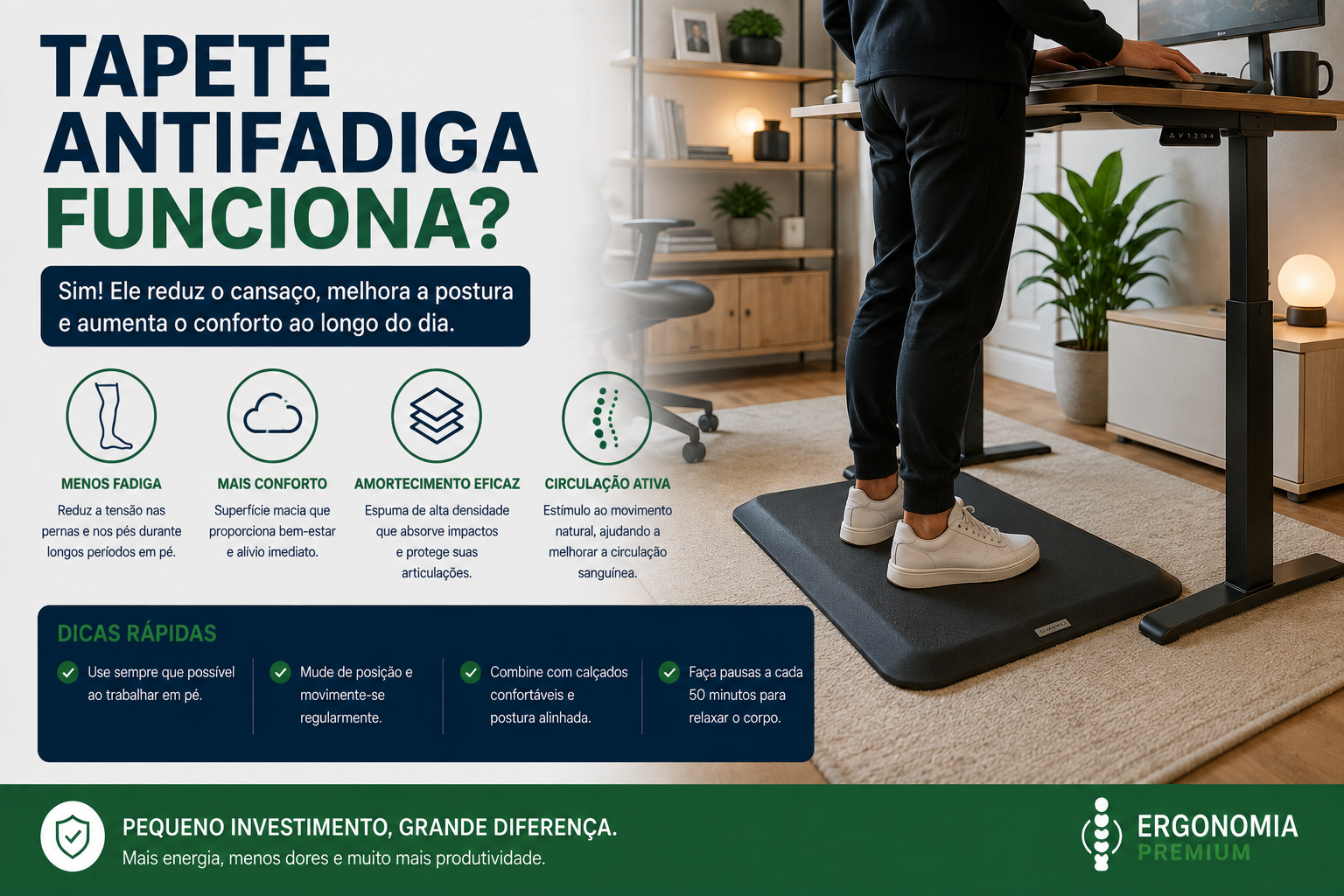 Infográfico Tapete Antifadiga Funciona, pessoa em pé sobre tapete antifadiga em frente a standing desk, ícones de menos fadiga, conforto, amortecimento e circulação ativa